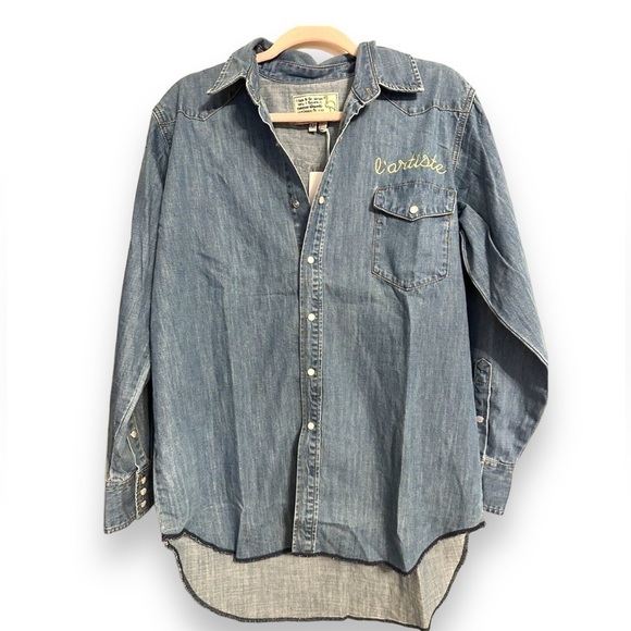 Free People Sandrine L'Artiste Women's Blue Denim Chambray Shirt Long Sleeve - Picture 1 of 3
